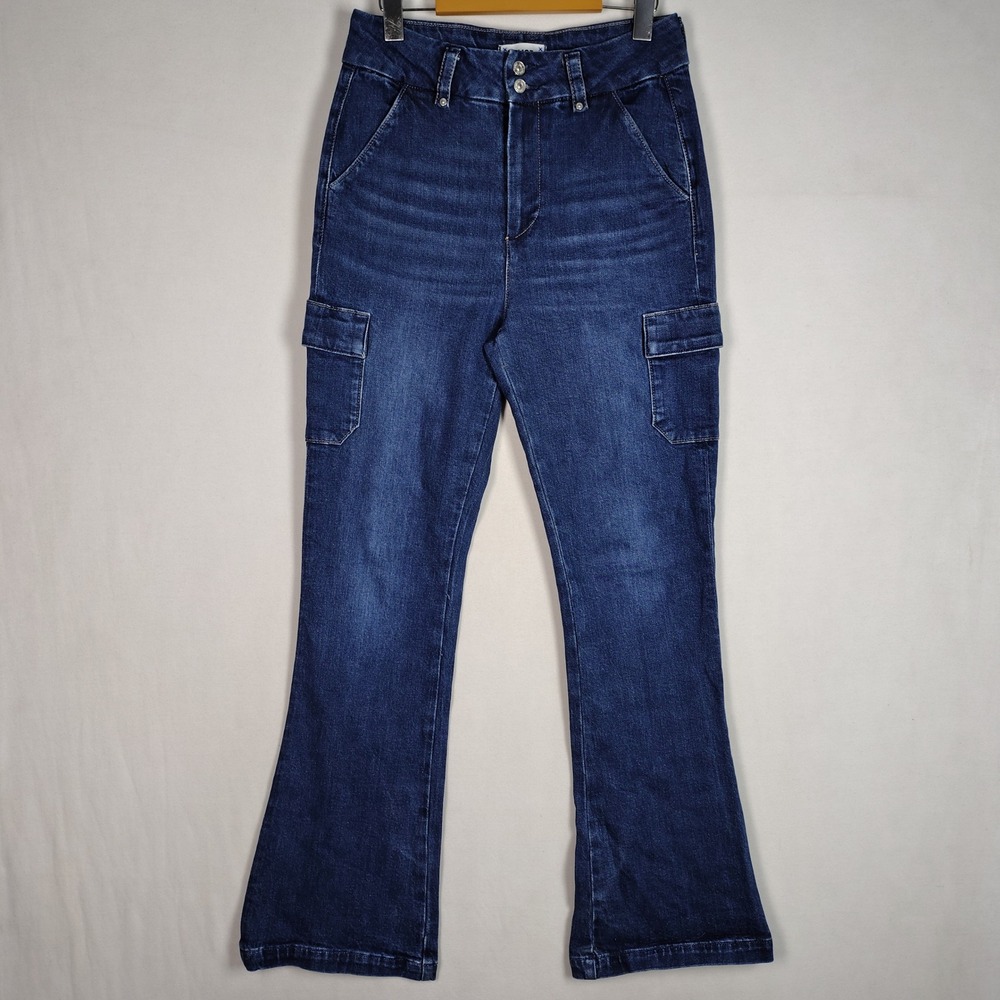 PAIGE High Rise Cargo Flare Jeans Medium Wash Denim Size 27 Utility Pocket